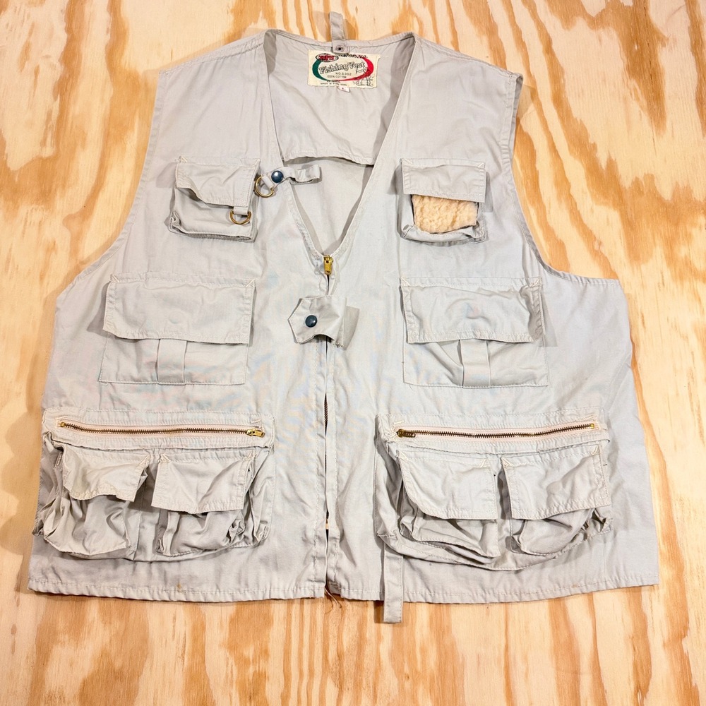 Vintage 1990s WFS Men's Gray Fishing Vest Utility Multi Pocket 100% Cotton Large